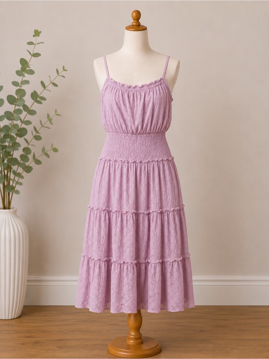Sim & Sam Dresses & Skirts - Smocked Waist Lavender Eyelet Tiered Midi Dress